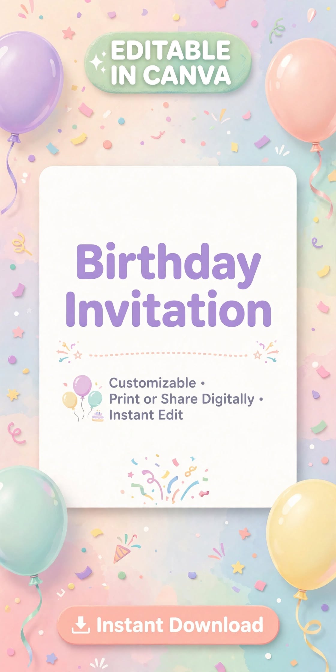Editable Birthday Invitation Template - Canva | Instant Download